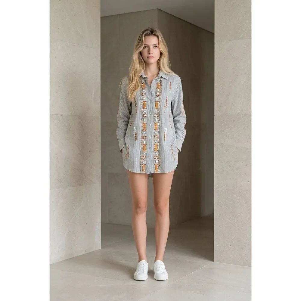Zara Woman Premium Denim Collection Embroidered Striped Shirt Cotton Boho Size M